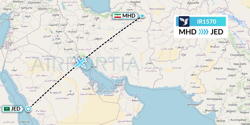 IR1570 Iran Air Flight Map: Mashhad to Jeddah