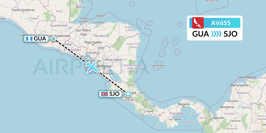 AV655 Avianca Flight Map: Guatemala City to San Jose