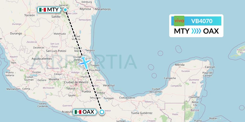 VB4070 VivaAerobus Flight Map: Monterrey to Oaxaca