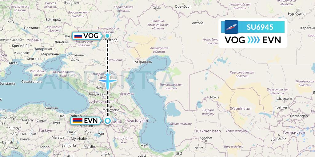 SU6945 Aeroflot Flight Map: Volgograd to Yerevan