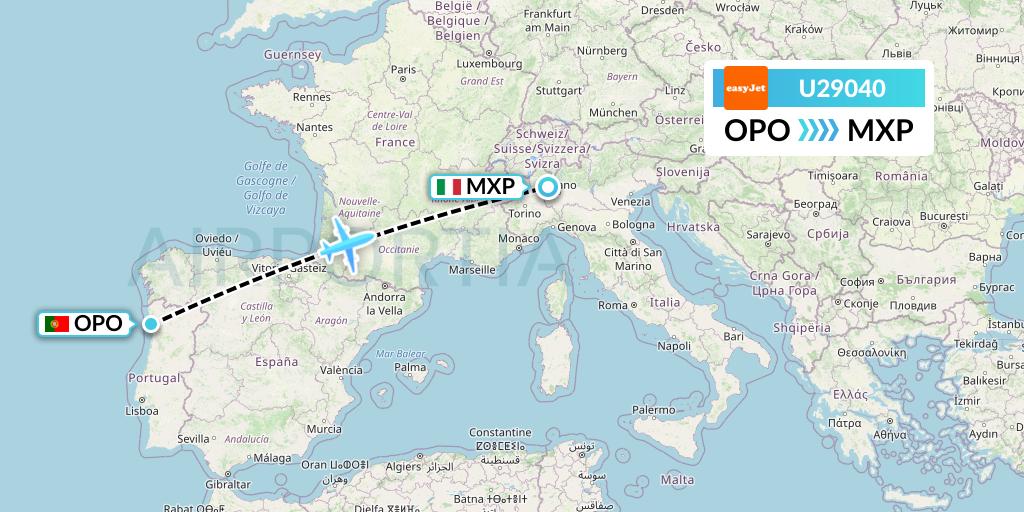 U29040 EasyJet Flight Map: Porto to Milan
