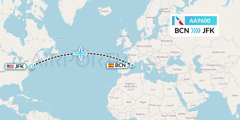 AA9600 American Airlines Flight Map: Barcelona to New York