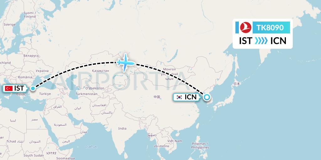 TK8090 Turkish Airlines Flight Map: Istanbul to Seoul