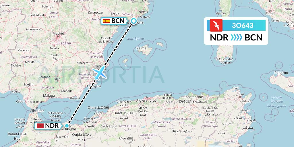 3O643 Air Arabia Maroc Flight Map: Nador to Barcelona