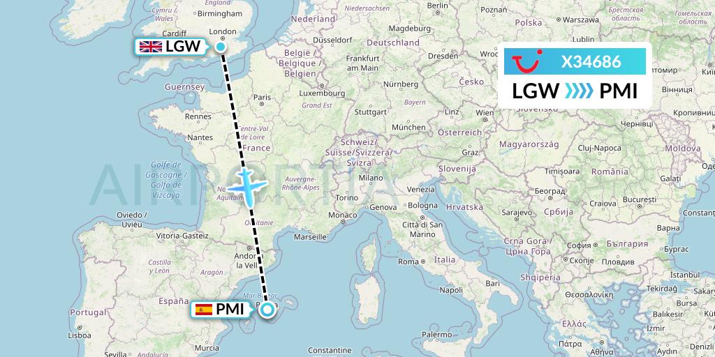 X34686 TUI fly Germany Flight Map: London to Palma de Mallorca