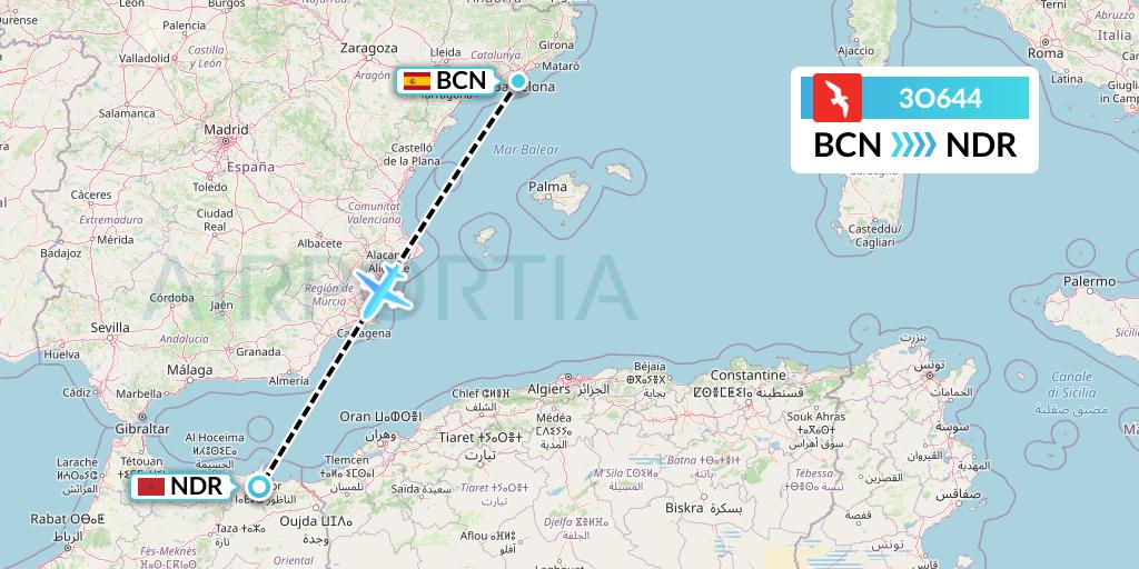 3O644 Air Arabia Maroc Flight Map: Barcelona to Nador