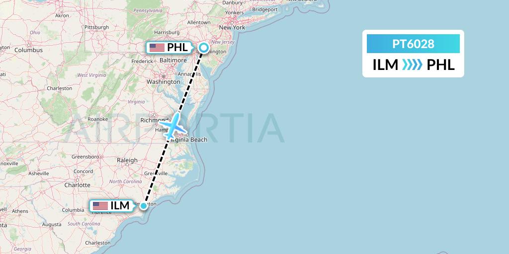 PT6028 Piedmont Airlines Flight Map: Wilmington to Philadelphia