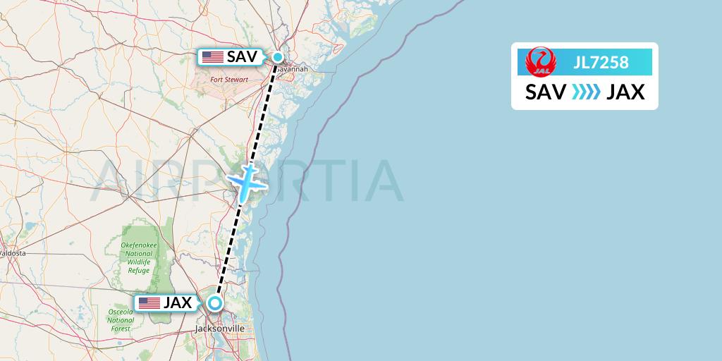 JL7258 Japan Airlines Flight Map: Savannah to Jacksonville