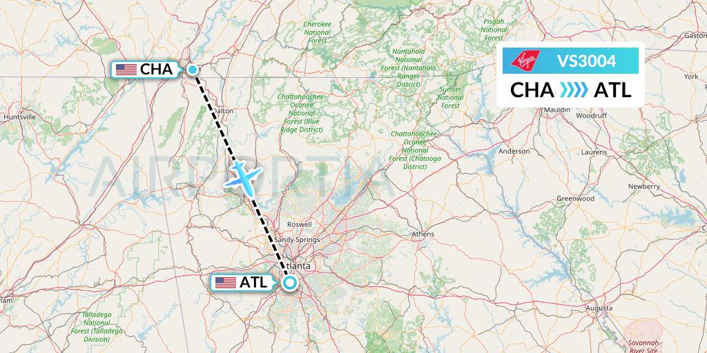 VS3004 Virgin Atlantic Airways Flight Map: Chattanooga to Atlanta