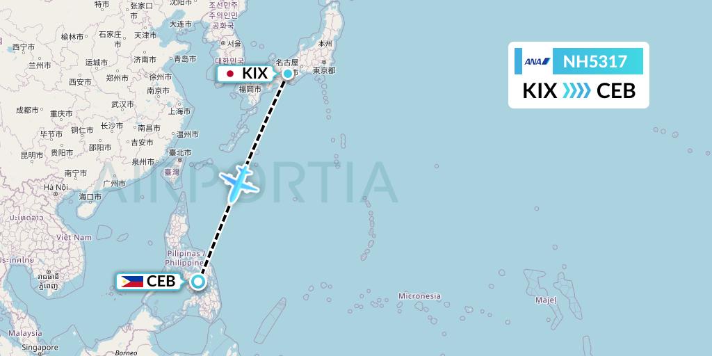 NH5317 All Nippon Airways Flight Map: Osaka to Cebu