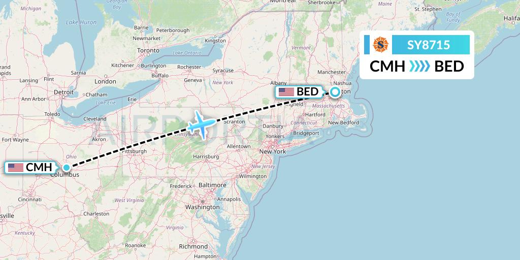 SY8715 Sun Country Airlines Flight Map: Columbus to Bedford