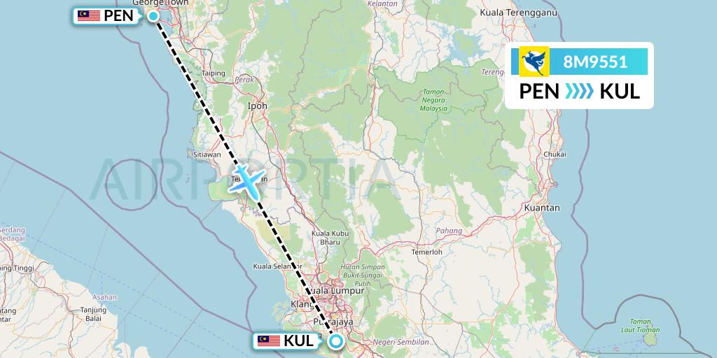 8M9551 Myanmar Airways International Flight Map: Penang to Kuala Lumpur
