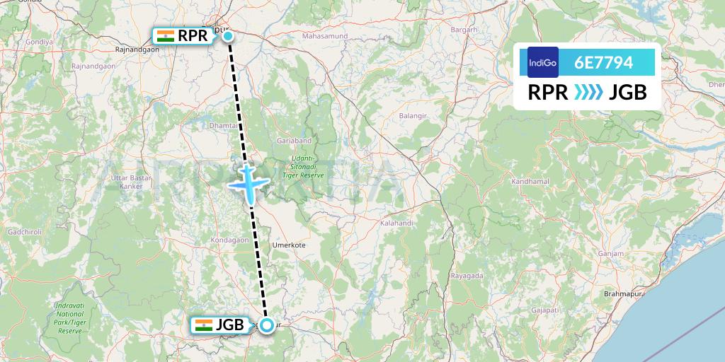 6E7794 IndiGo Airlines Flight Map: Raipur to Jagdalpur