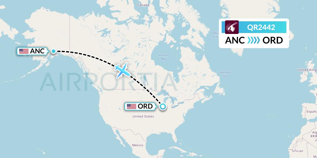 QR2442 Qatar Airways Flight Map: Anchorage to Chicago
