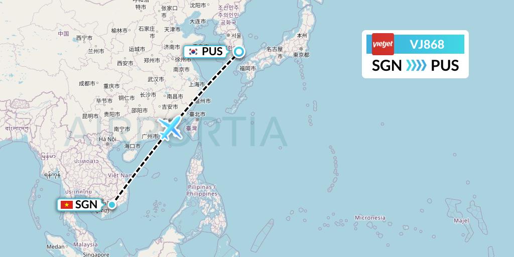 VJ868 VietJet Air Flight Map: Ho Chi Minh City to Busan
