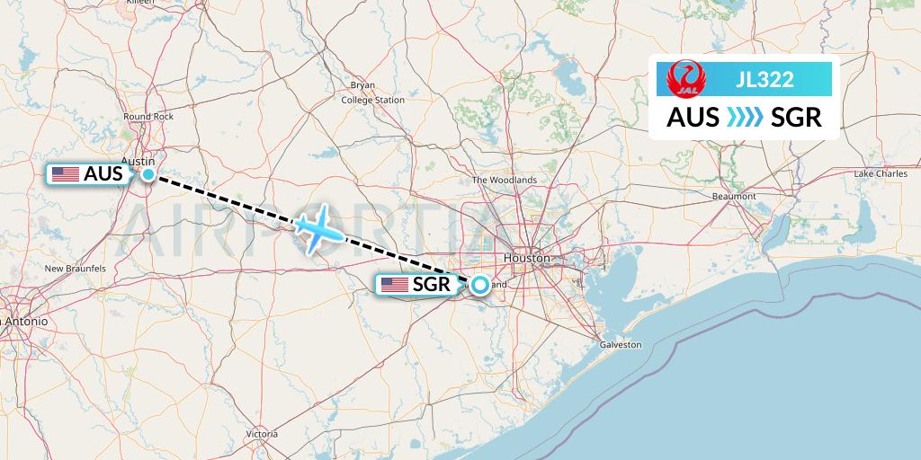 JL322 Japan Airlines Flight Map: Austin to Sugar Land