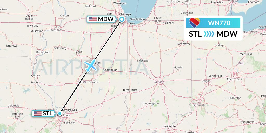 WN770 Southwest Airlines Flight Map: St. Louis to Chicago