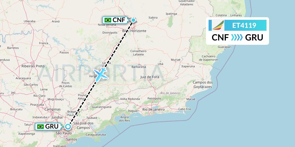 ET4119 Ethiopian Airlines Flight Map: Belo Horizonte to Sao Paulo
