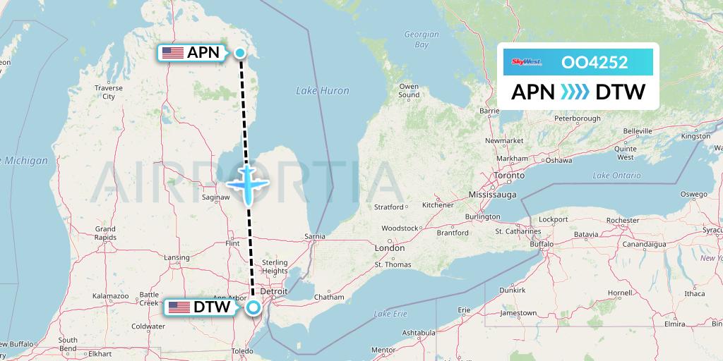 OO4252 SkyWest Airlines Flight Map: Alpena to Detroit