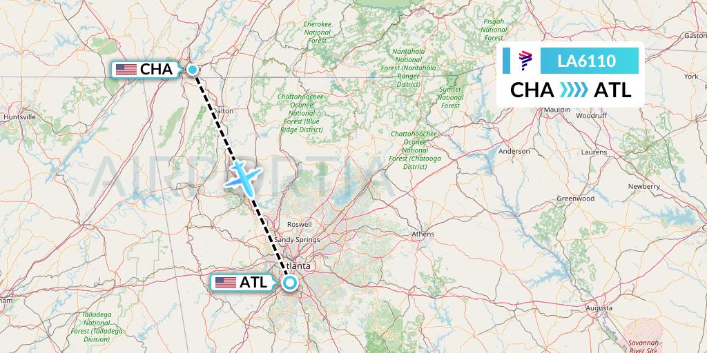 LA6110 LAN Airlines Flight Map: Chattanooga to Atlanta