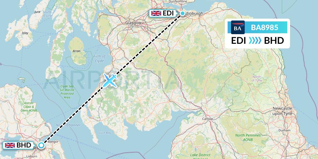 BA8985 British Airways Flight Map: Edinburgh to Belfast