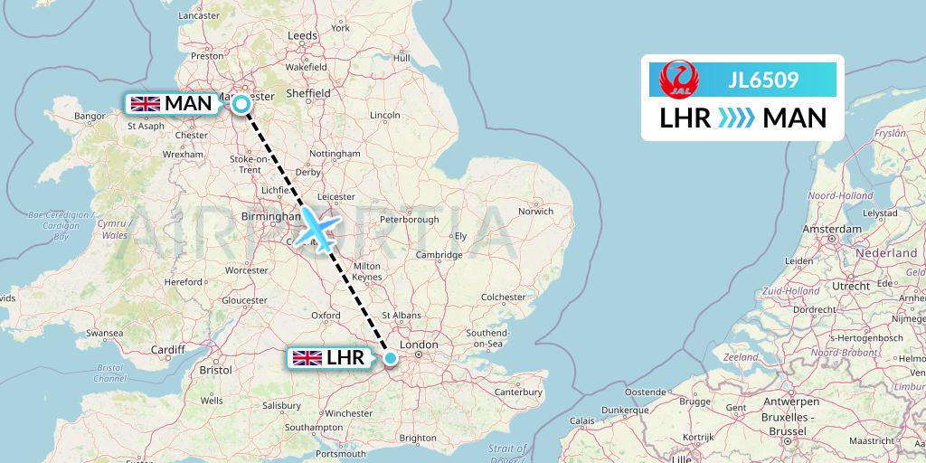 JL6509 Japan Airlines Flight Map: London to Manchester