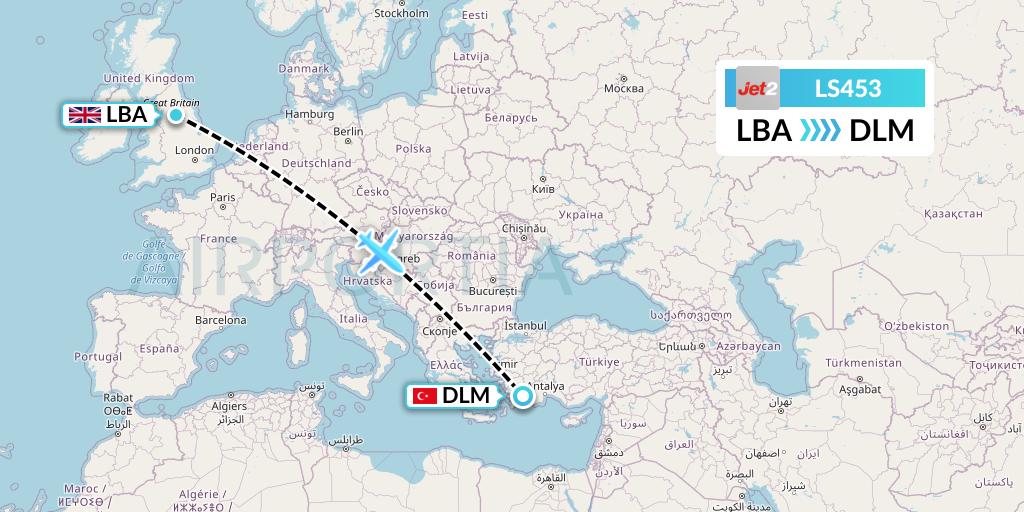 LS453 Jet2 Flight Map: Leeds to Dalaman
