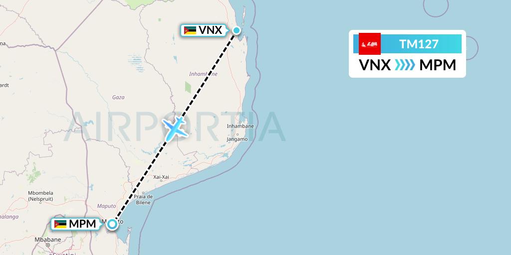 TM127 LAM Mozambique Airlines Flight Map: Vilankulo to Maputo