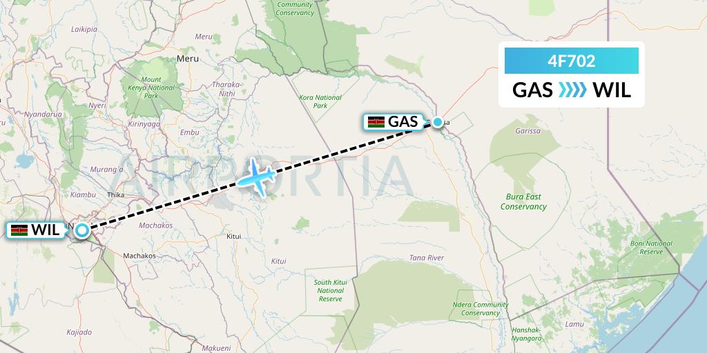 4F702 Freedom Airline Express Flight Map: Garissa to Nairobi