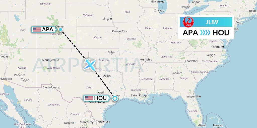 JL89 Japan Airlines Flight Map: Denver to Houston