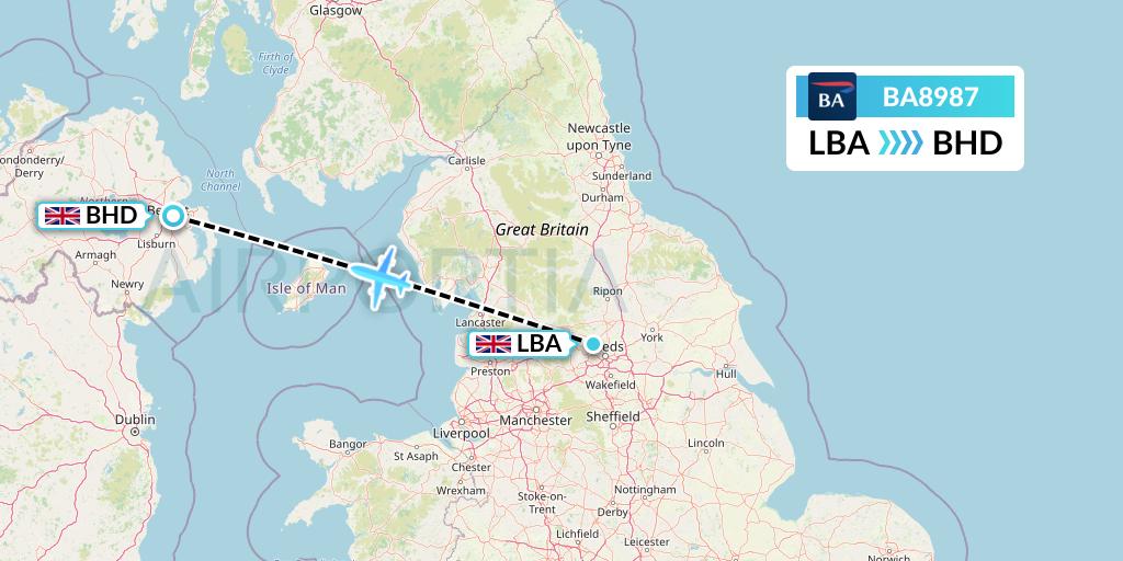 BA8987 British Airways Flight Map: Leeds to Belfast