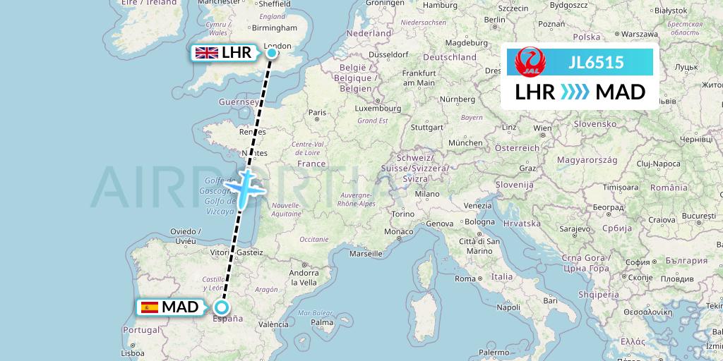JL6515 Japan Airlines Flight Map: London to Madrid