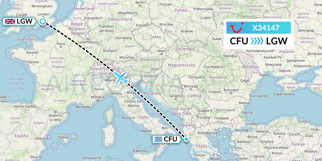 X34147 TUI fly Germany Flight Map: Corfu to London