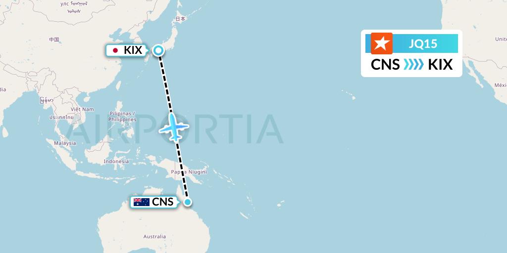 JQ15 Jetstar Airways Flight Map: Cairns to Osaka