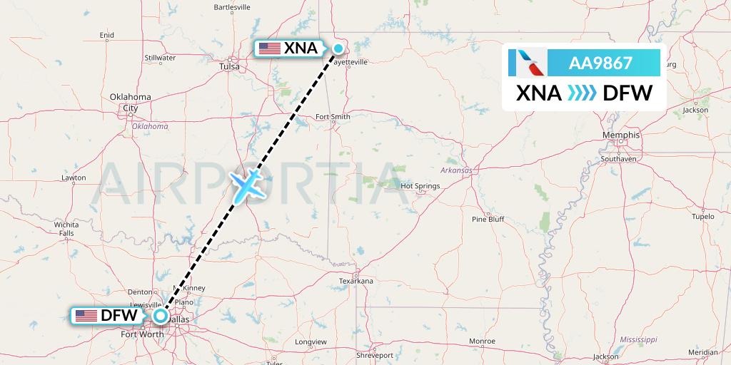 AA9867 American Airlines Flight Map: Bentonville to Dallas