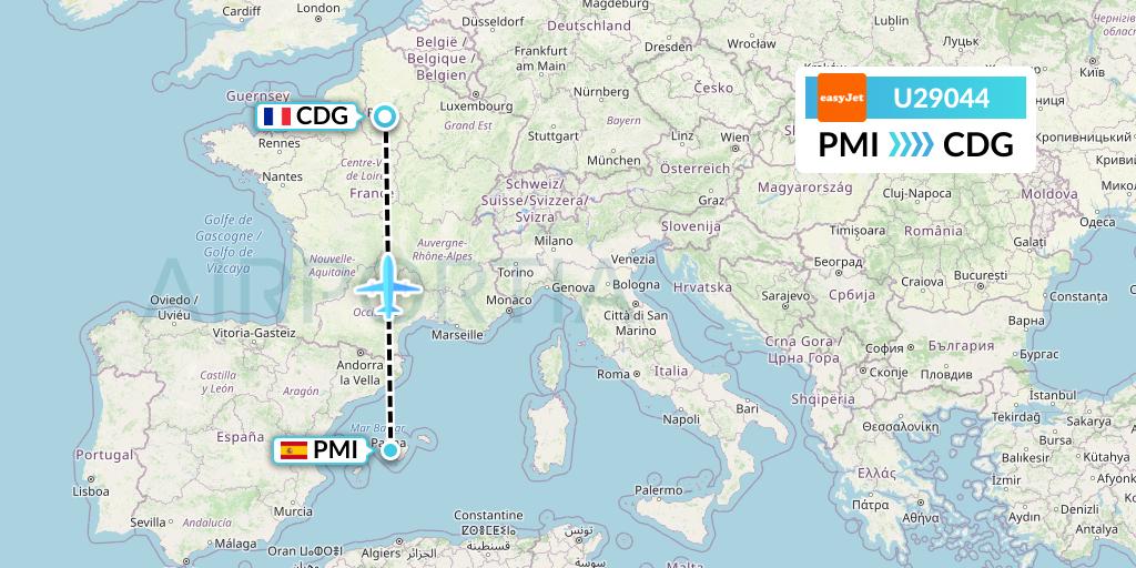 U29044 EasyJet Flight Map: Palma de Mallorca to Paris