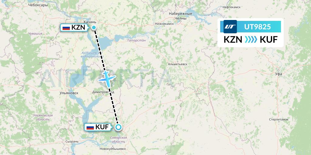 UT9825 UTair Flight Map: Kazan to Samara