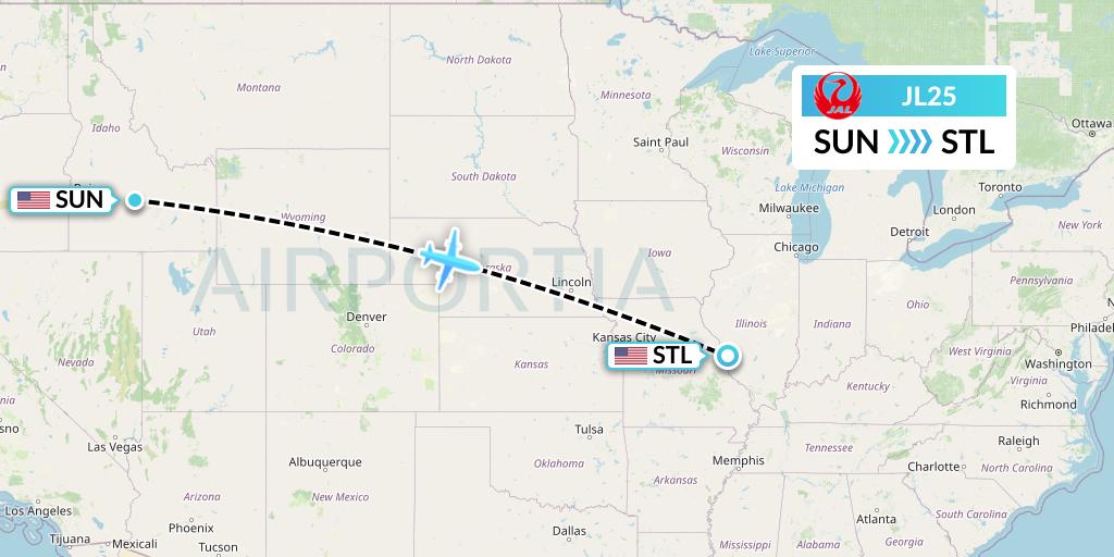 JL25 Japan Airlines Flight Map: Hailey to St. Louis