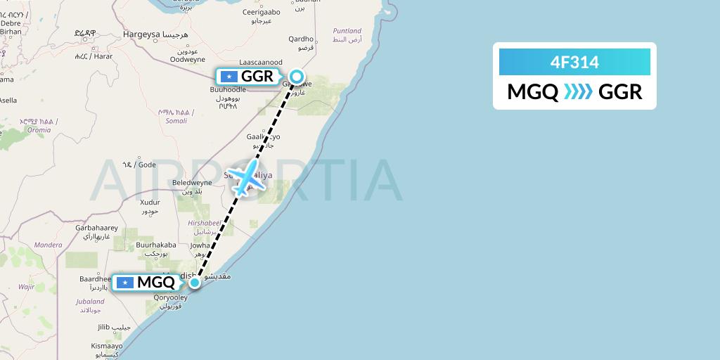 4F314 Freedom Airline Express Flight Map: Mogadishu to Garoe