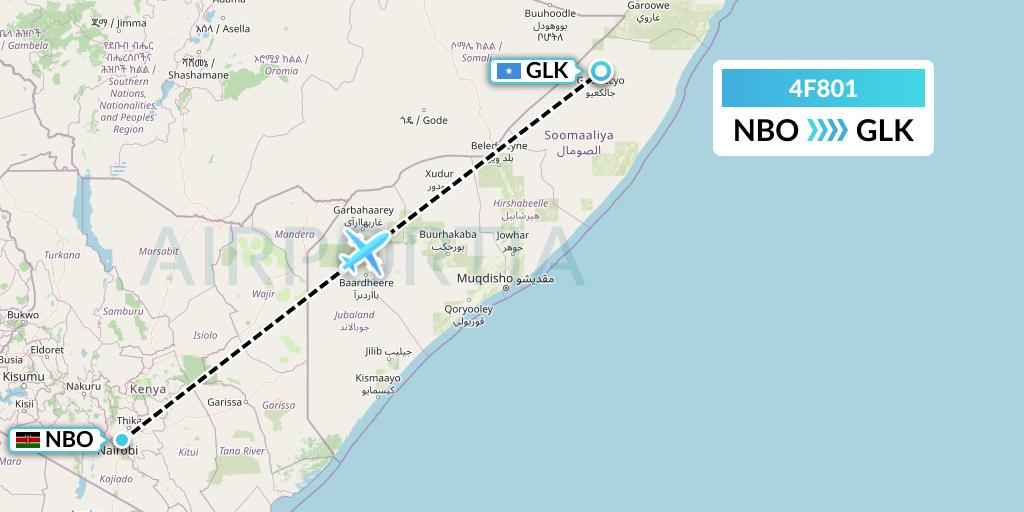 4F801 Freedom Airline Express Flight Map: Nairobi to Galcaio
