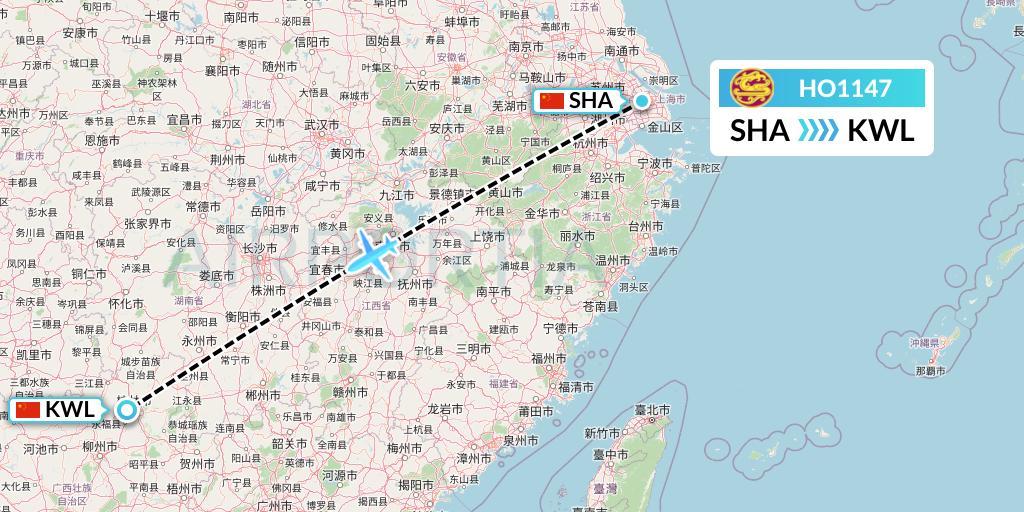 HO1147 Juneyao Airlines Flight Map: Shanghai to Guilin