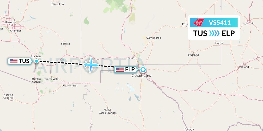 VS5411 Virgin Atlantic Airways Flight Map: Tucson to El Paso