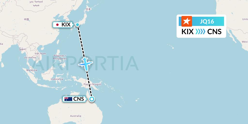 JQ16 Jetstar Airways Flight Map: Osaka to Cairns