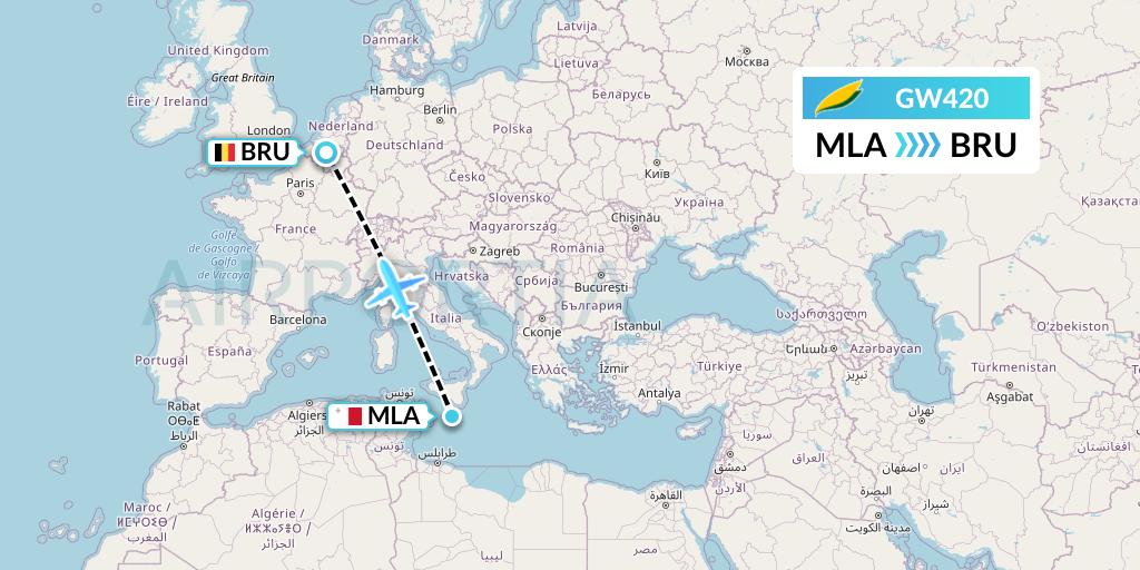 GW420 GetJet Airlines Flight Map: Malta to Brussels