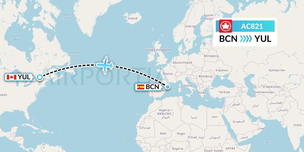 AC821 Air Canada Flight Map: Barcelona to Montreal