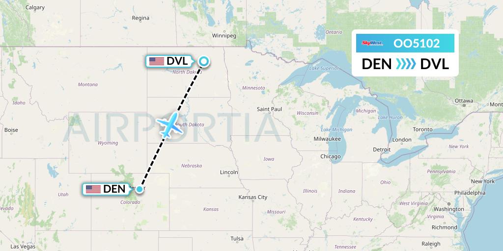 OO5102 SkyWest Airlines Flight Map: Denver to Devils Lake
