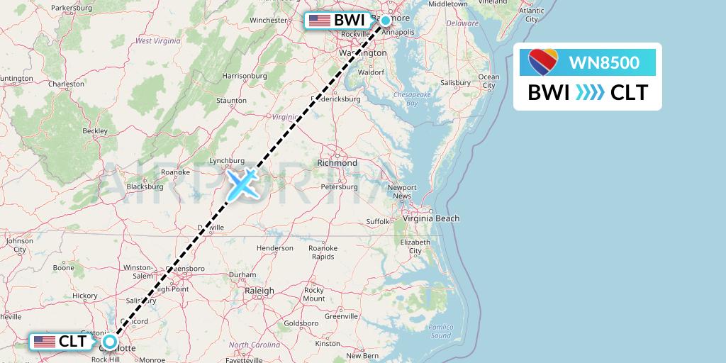 WN8500 Southwest Airlines Flight Map: Baltimore to Charlotte