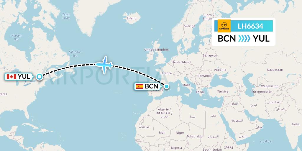 LH6634 Lufthansa Flight Map: Barcelona to Montreal