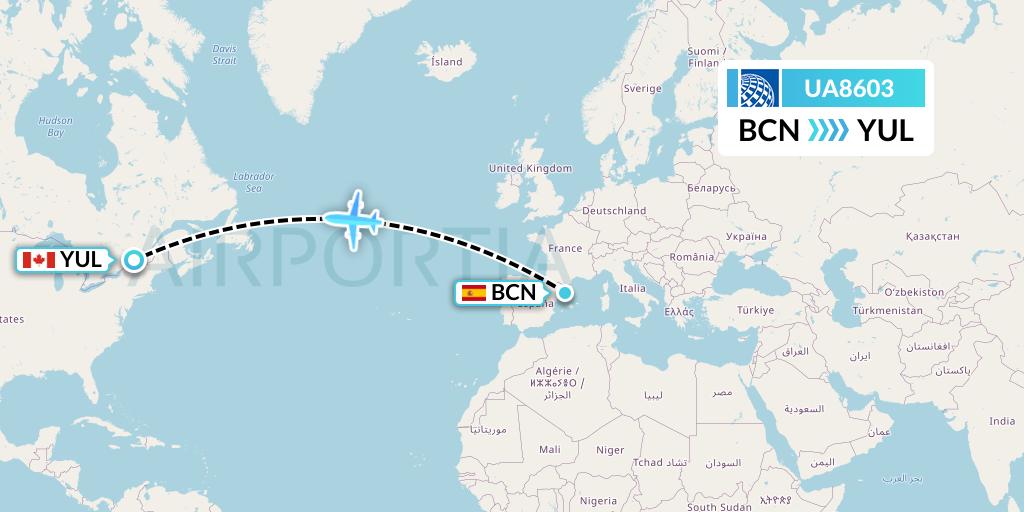 UA8603 United Airlines Flight Map: Barcelona to Montreal