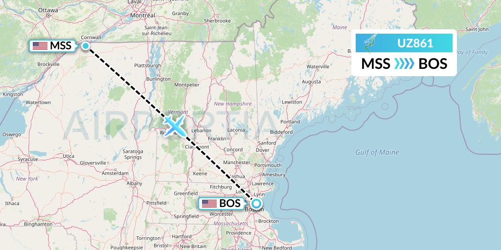 UZ861 Buraq Air Flight Map: Massena to Boston